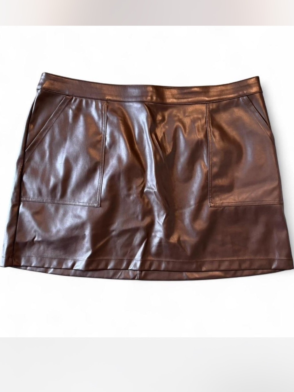 A New Day Faux Leather Mini Skirt High-waist w/Pockets Dark Brown Size XXL Sleek